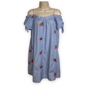 Miley + Molly Off Shoulder Tie Sleeve Blue White Stripe Embroidered Dress Large